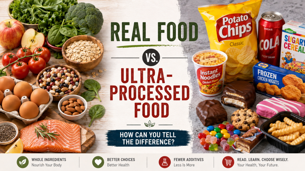 Real food and ultra-processed food comparison featuring fresh whole foods and packaged foods